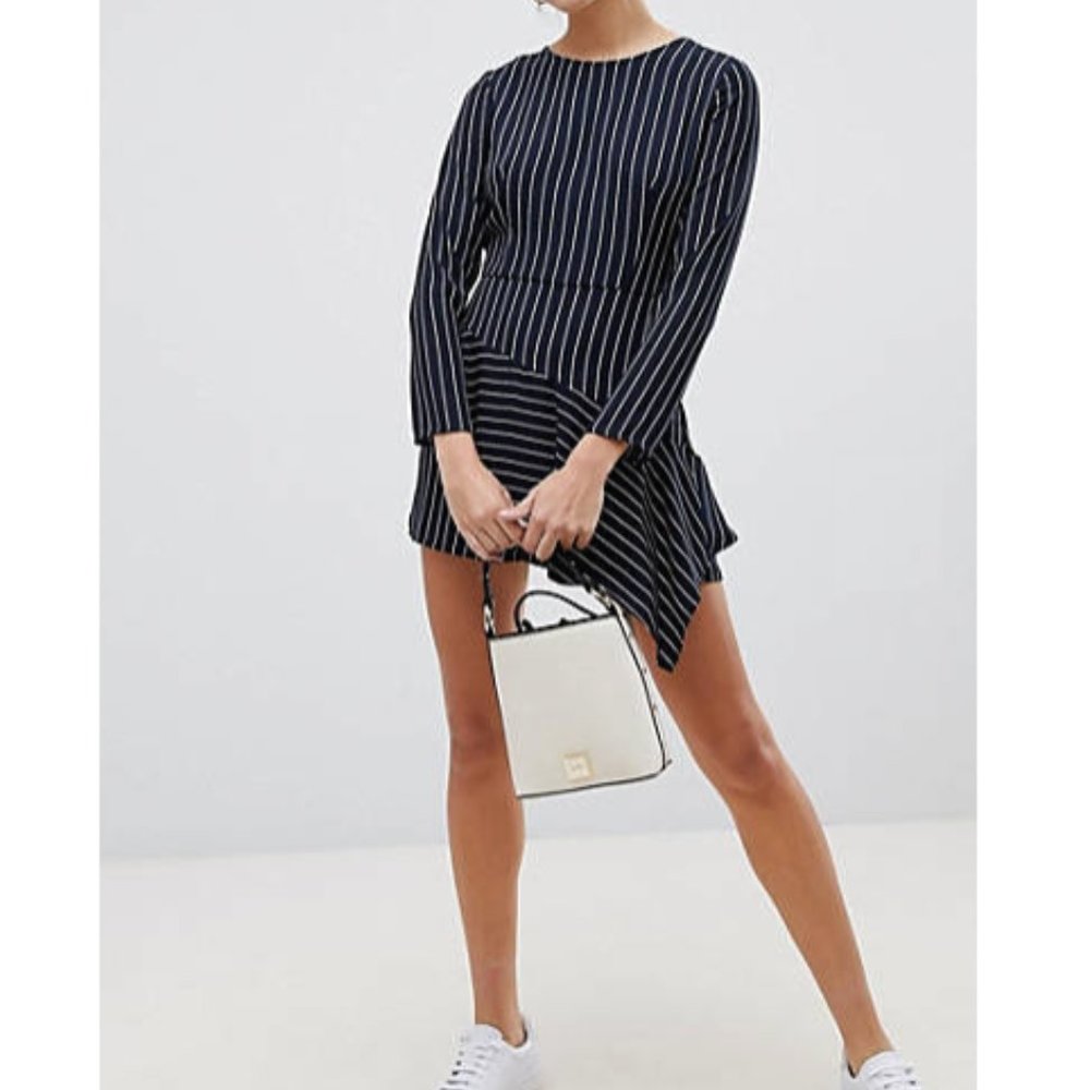 NWOT • Bershka Dark Blue with White Stripe Frill Dress